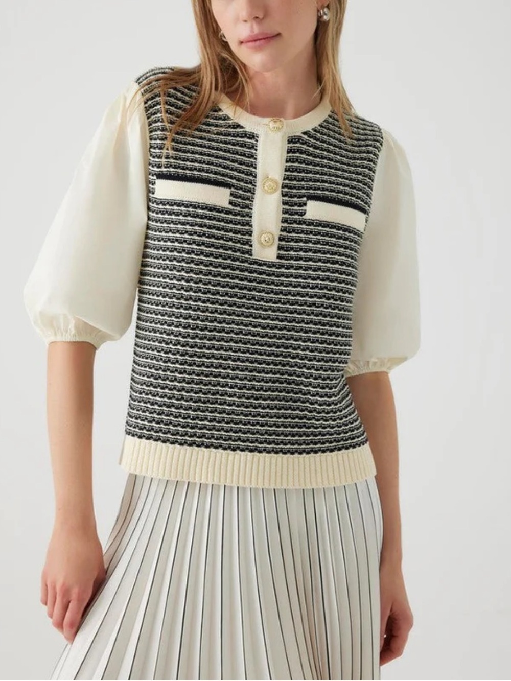 Exquise Ahlai Balloon Sleeve Blouse Knit Mixed Media Top in Size Medium